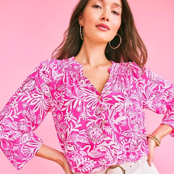 Lilly Pulitzer Elsa Silk Top, Passion Fruit Pink Absolutely Flamazing - Picture 1 of 9
